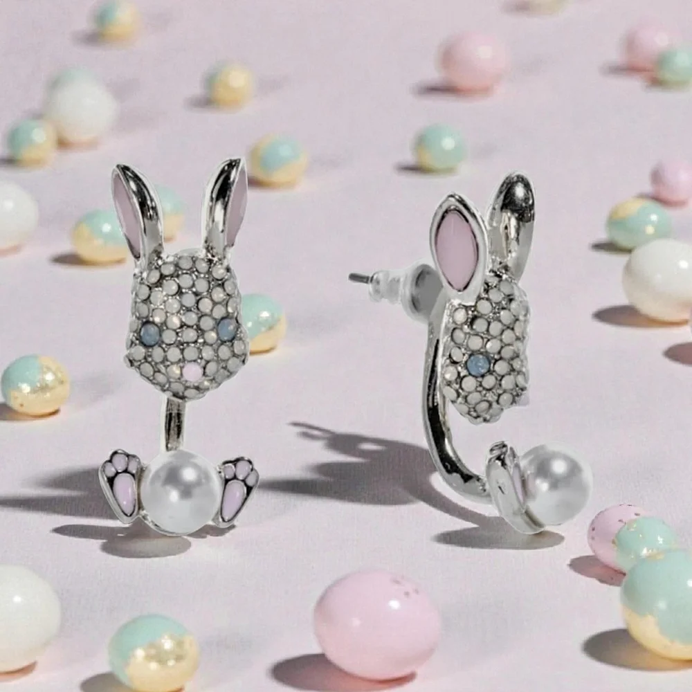 NEW Betsey Johnson Crystal Bunny Pearl Stud Earrings Silver Tone Gift Box NWT